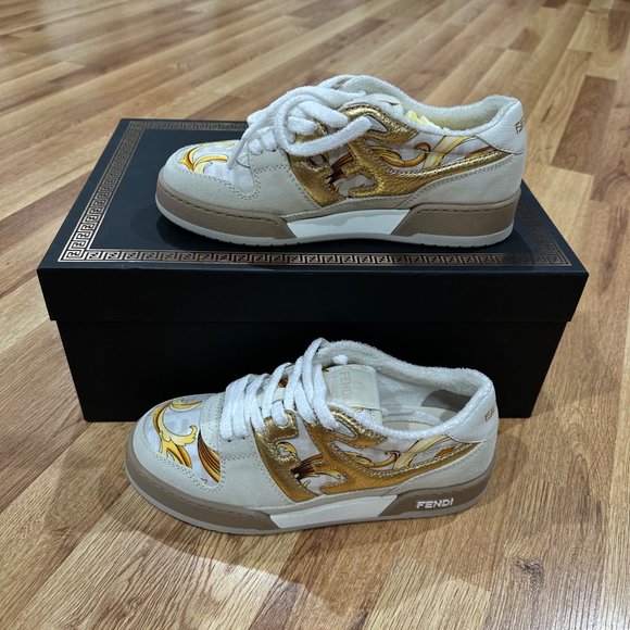 Fendace Fendi Versace Match Suede Sneakers Chunky Skate White Gold Size 37 Women - Picture 10 of 15